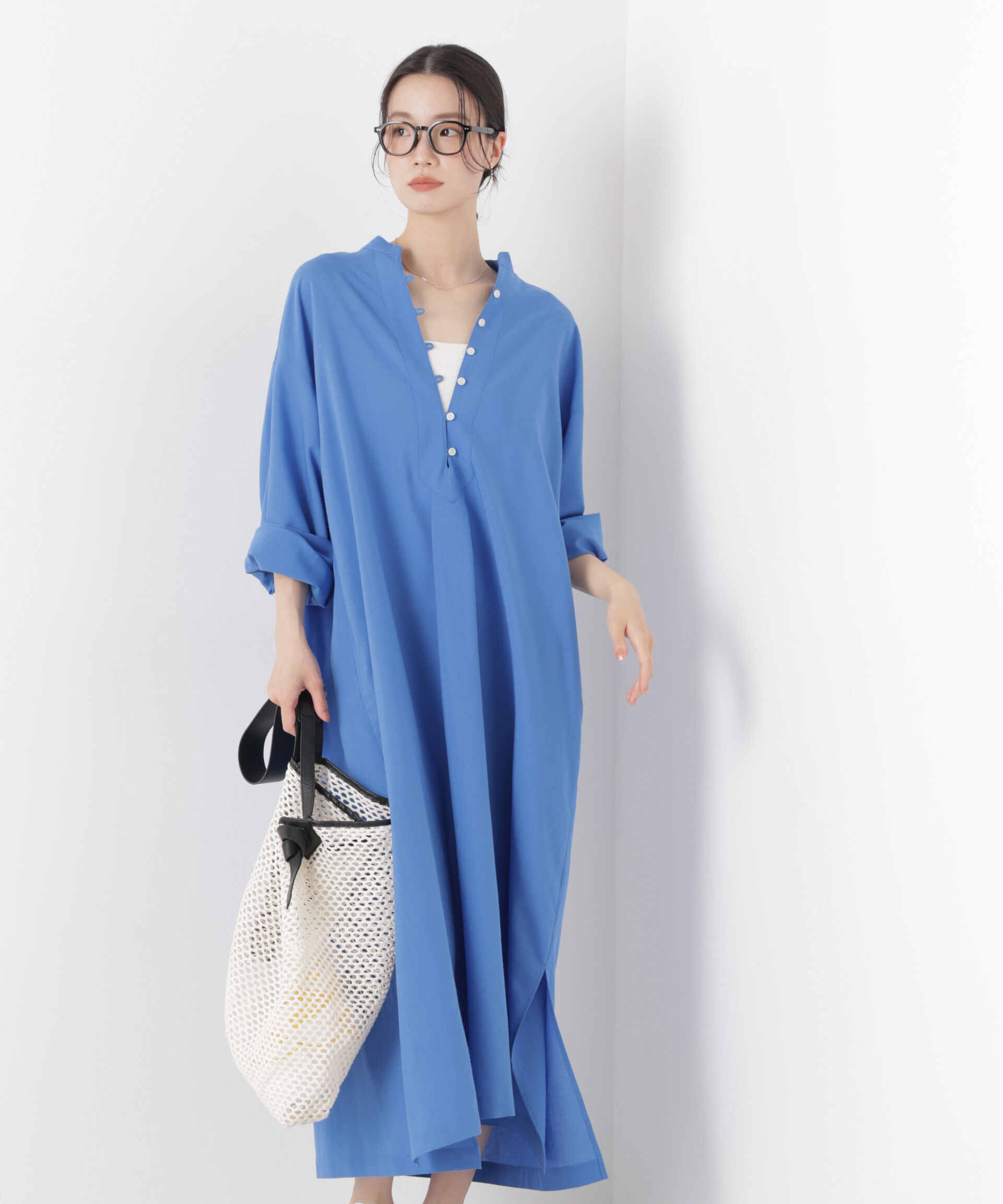 nano･universe「マシンウォッシャブルリネン混 スタンドカラーワンピース」|ワンピース|