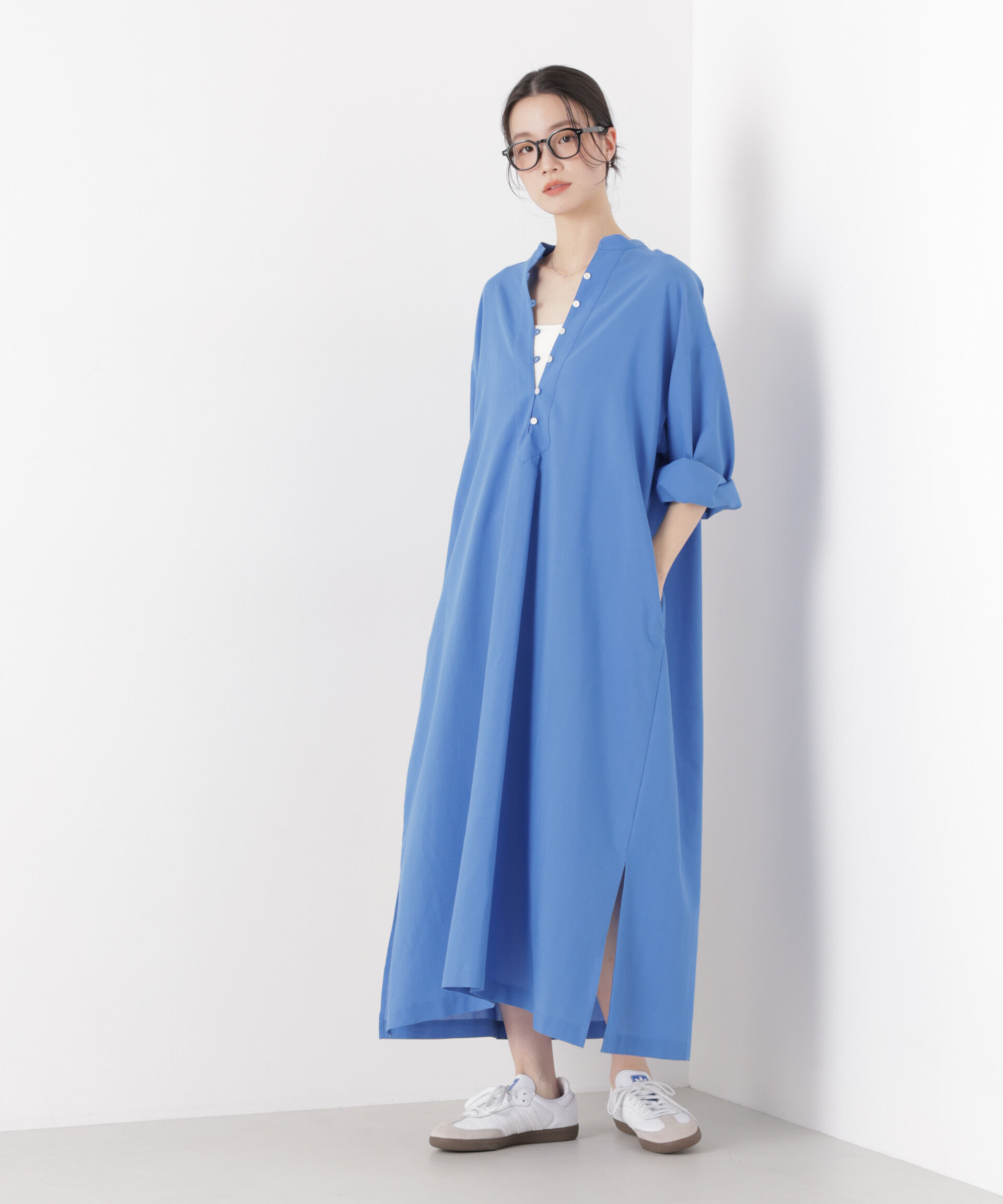 nano･universe「マシンウォッシャブルリネン混 スタンドカラーワンピース」|ワンピース|
