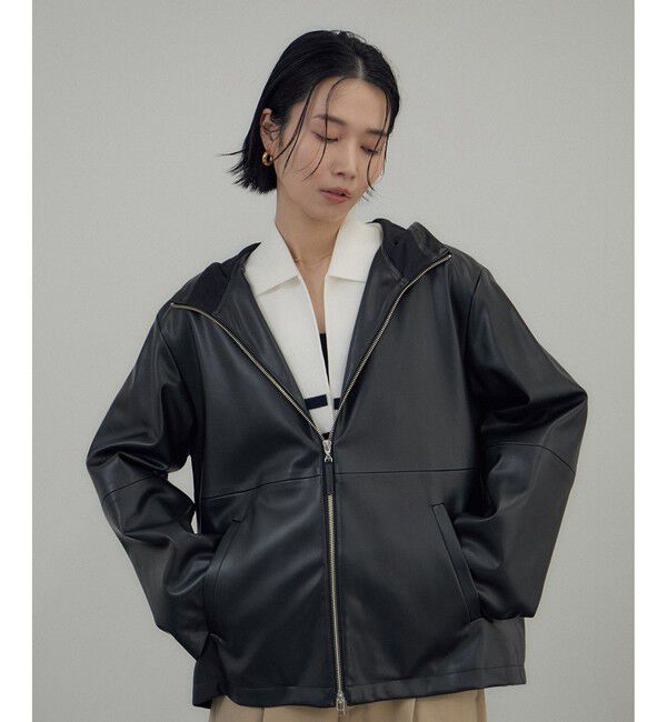 SALON adam et rope'「レザーライクフーデッドパーカー」|ブルゾン・スタジャン|ブラック(01)