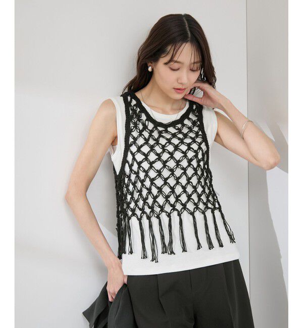 Rope&rsquo;Picnic「かぎ針ビスチェ&times;タンクトップセット」|ベスト・ジレ|ブラック(01)