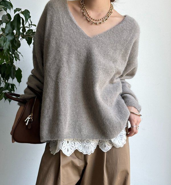  「ファーウール深Vプルオーバー」|ニット・セーター|モカ