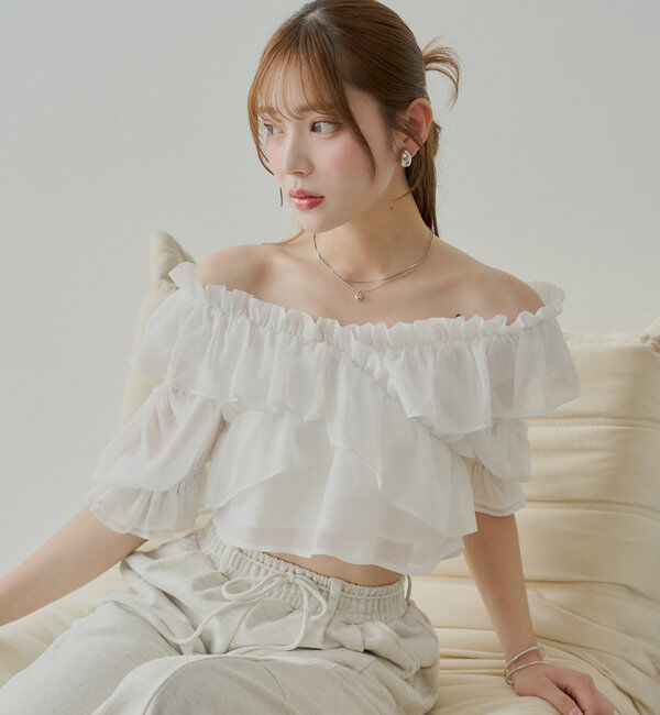  「【5色展開】シアーフラワーショルダースリットフリルブラウス」|シャツ・ブラウス|ホワイト