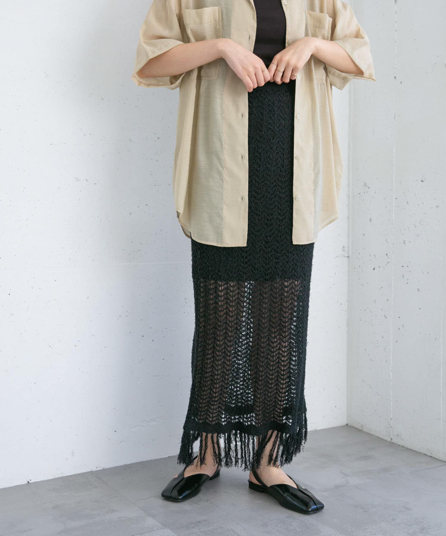  「フリンジ透かし編みニットスカート」|スカート|