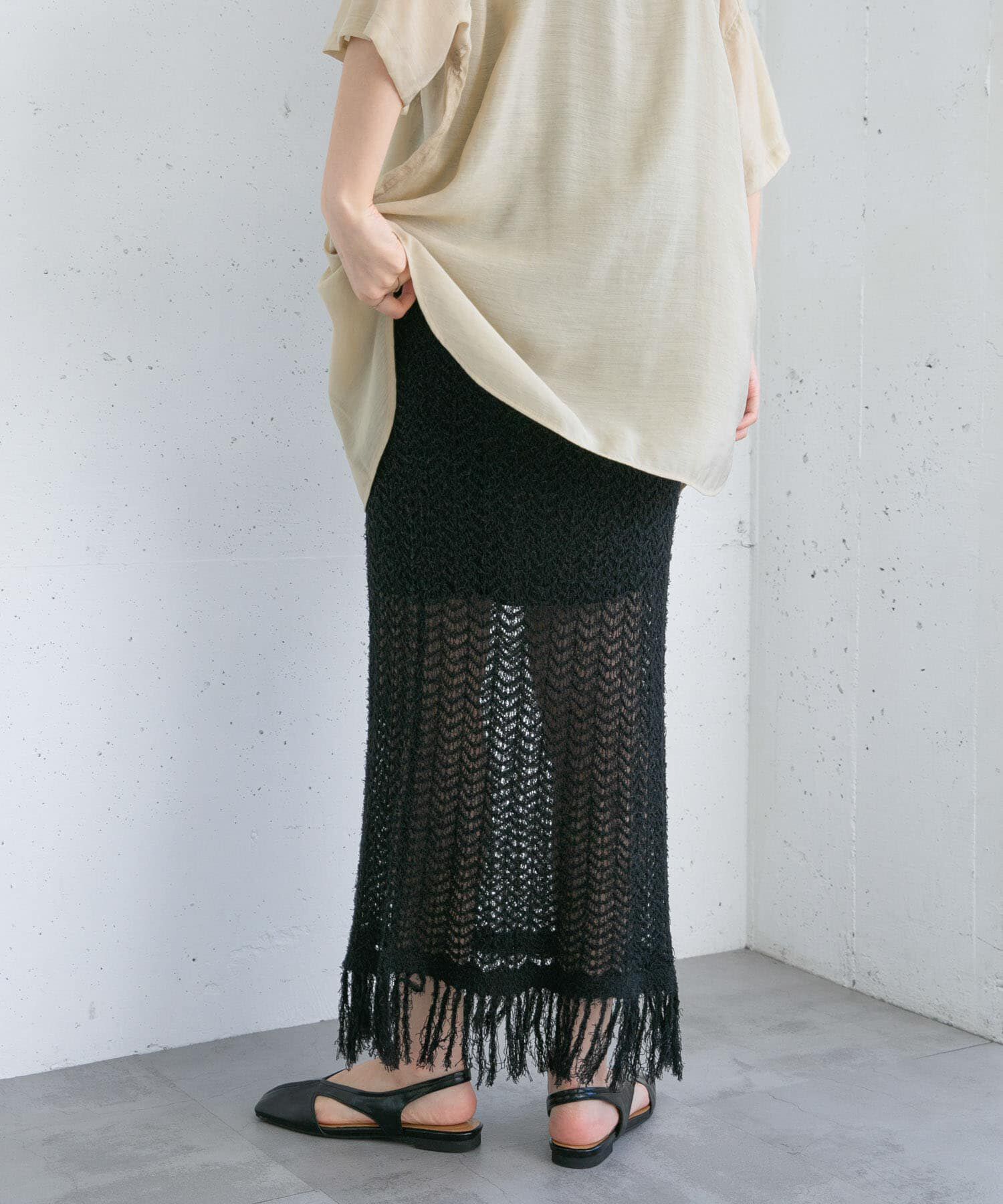  「フリンジ透かし編みニットスカート」|スカート|