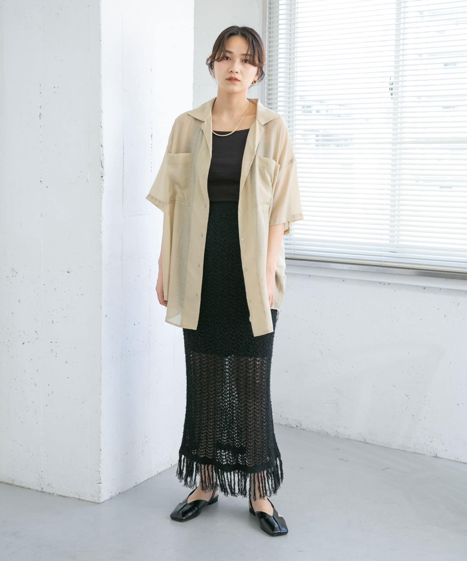  「フリンジ透かし編みニットスカート」|スカート|