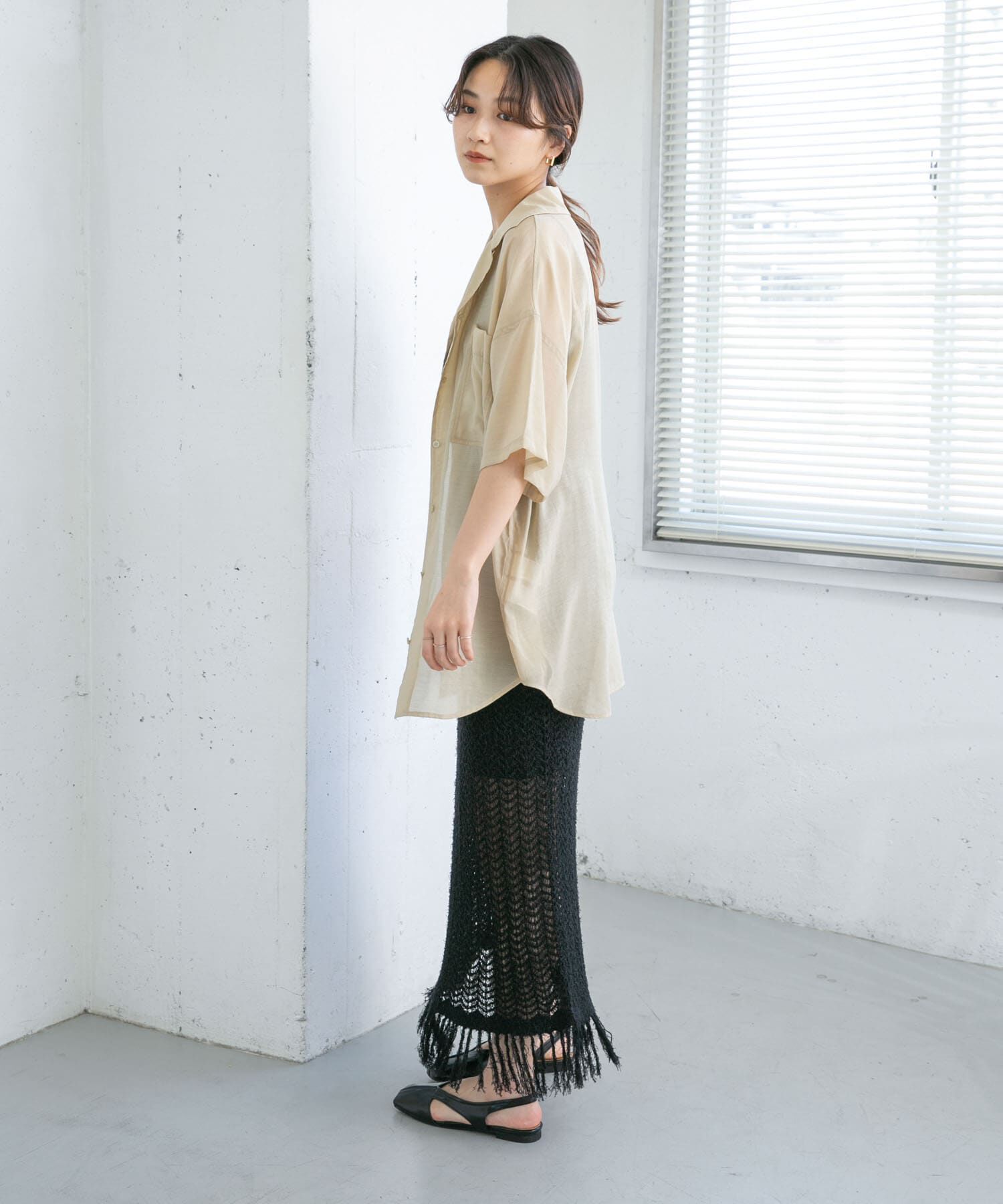  「フリンジ透かし編みニットスカート」|スカート|