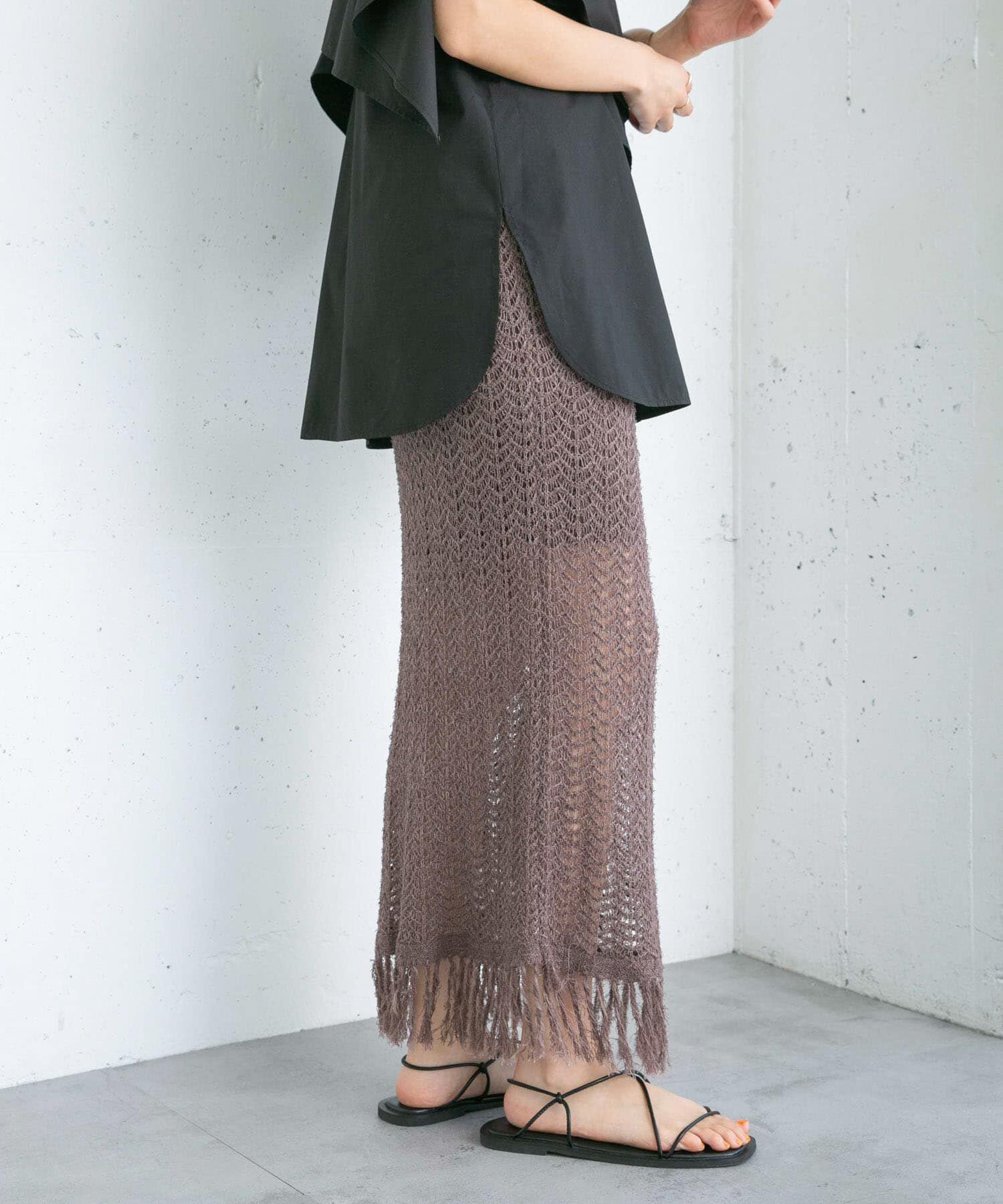  「フリンジ透かし編みニットスカート」|スカート|