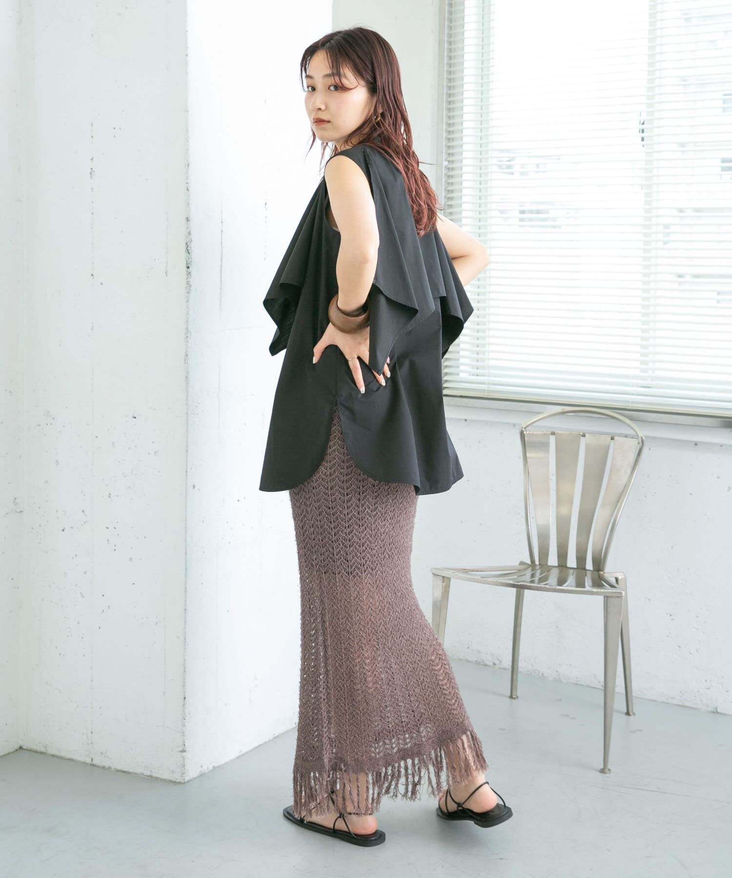  「フリンジ透かし編みニットスカート」|スカート|