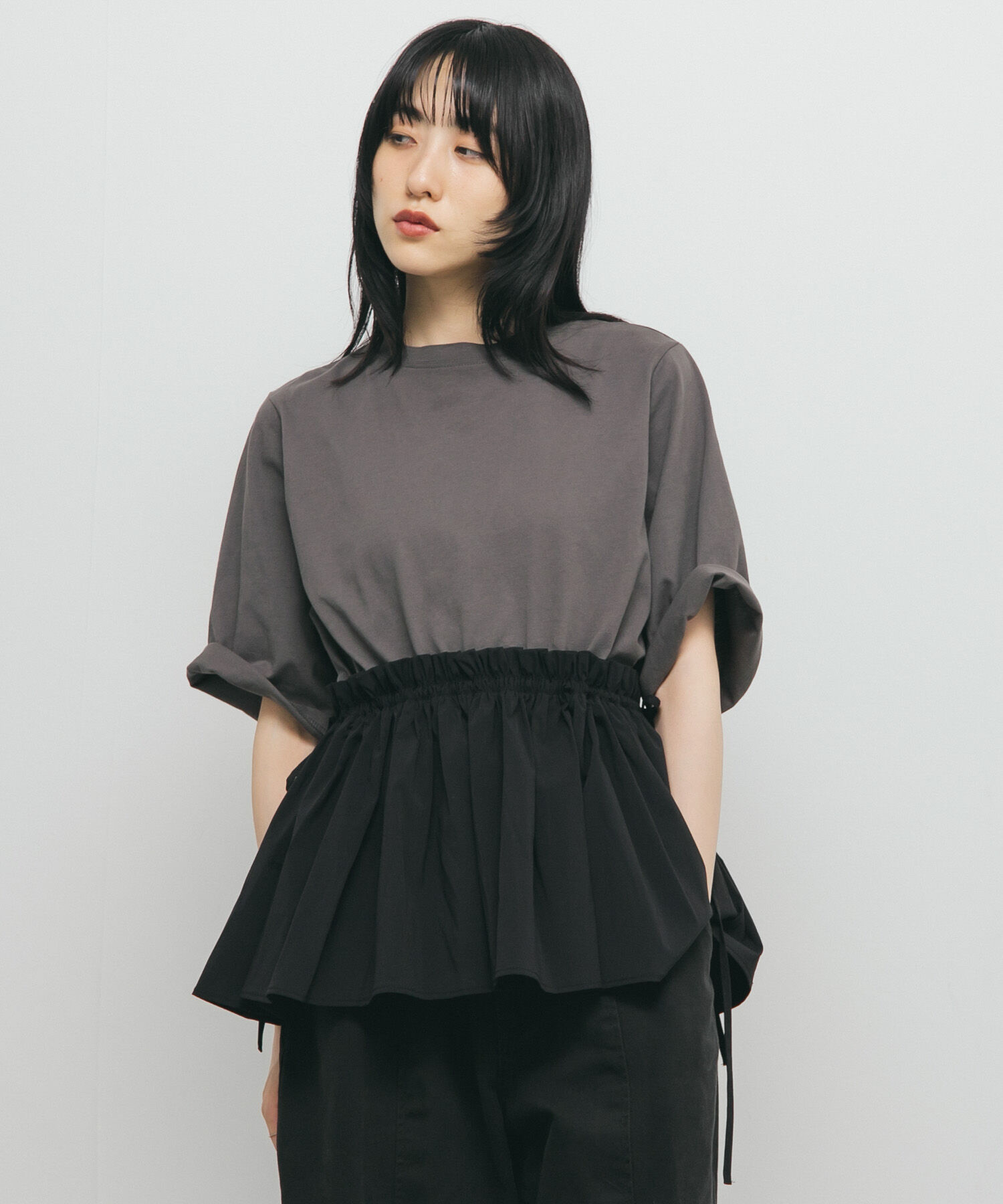  「汗ジミ防止ペプラムドッキングTEE」|Tシャツ・カットソー|グレー系その他