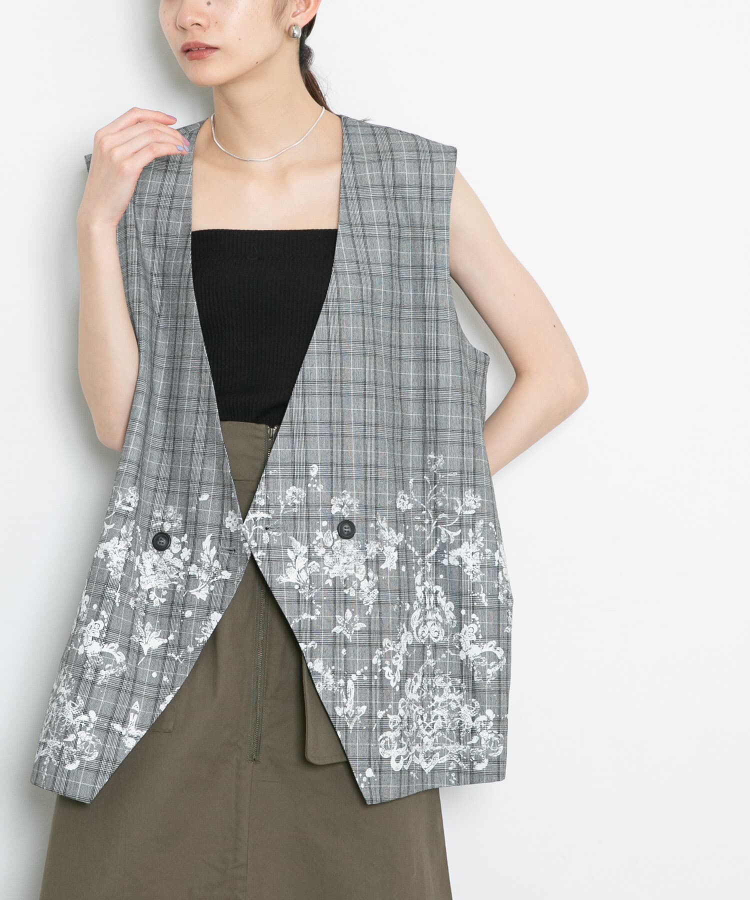  「レースプリントチェックベスト」|ベスト・ジレ|グレー系その他