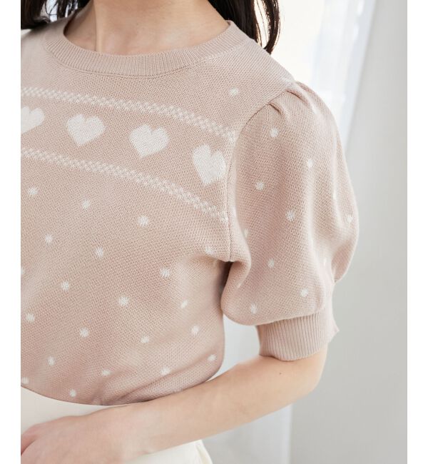  「ハートジャカードパフスリーブニット」|ニット・セーター|ピンク