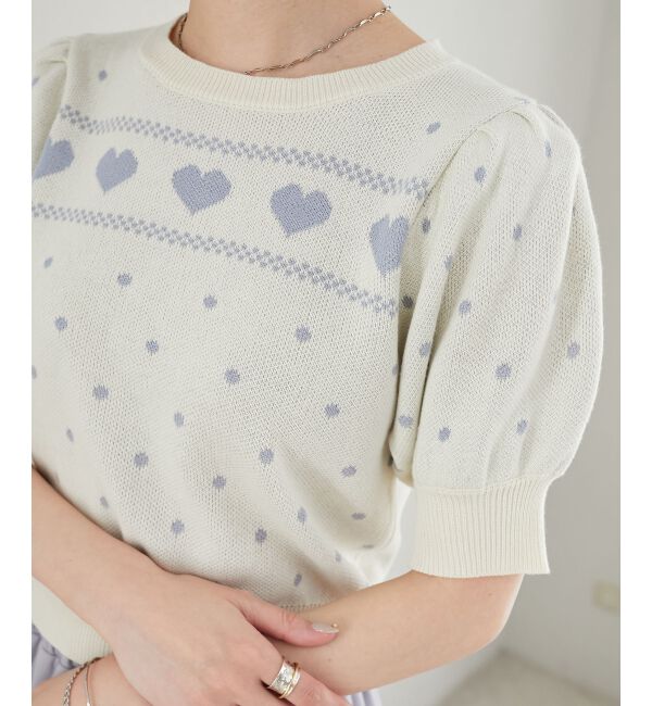  「ハートジャカードパフスリーブニット」|ニット・セーター|ブルー柄
