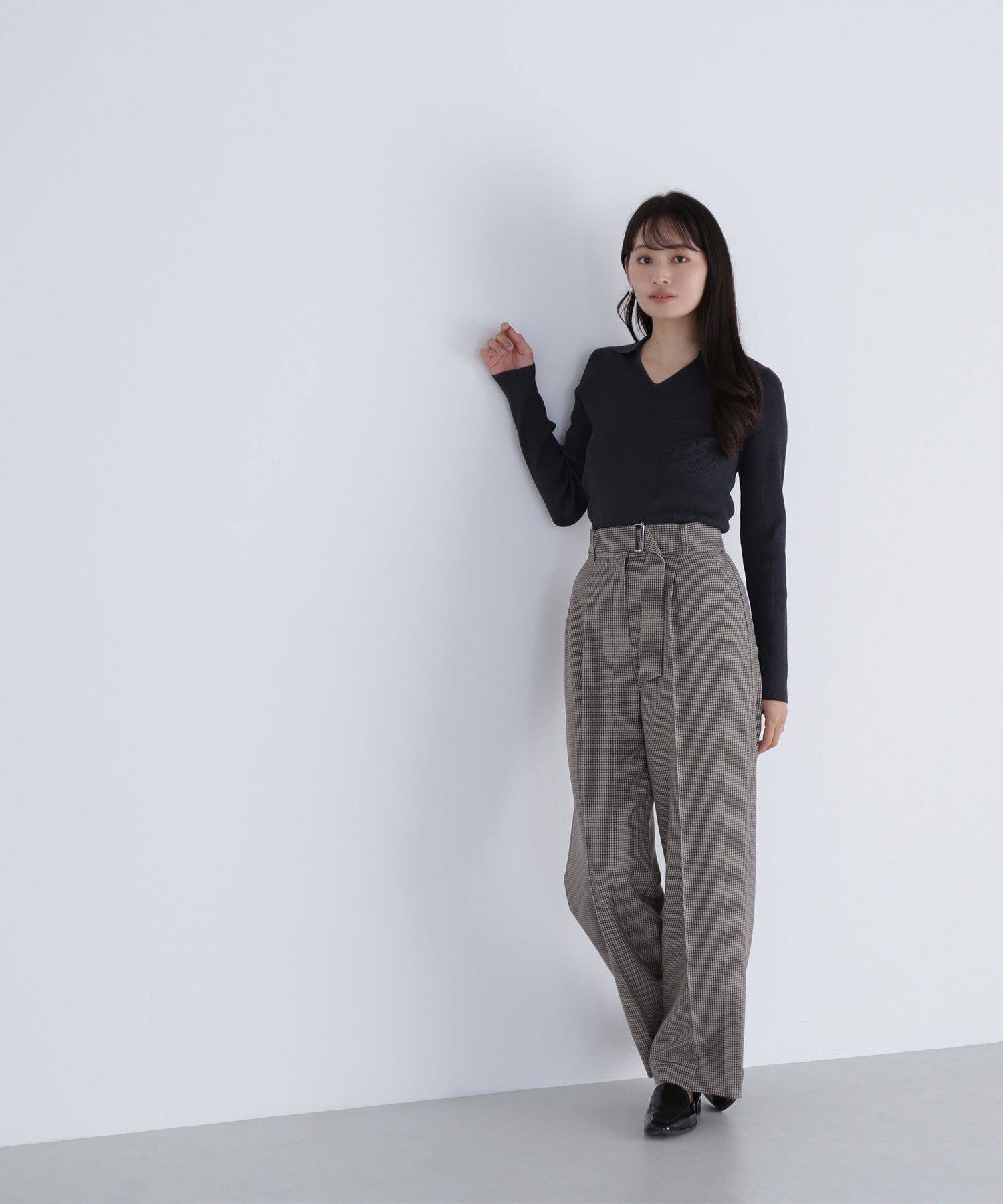  「ポロカラーVネックリブニット」|ニット・セーター|