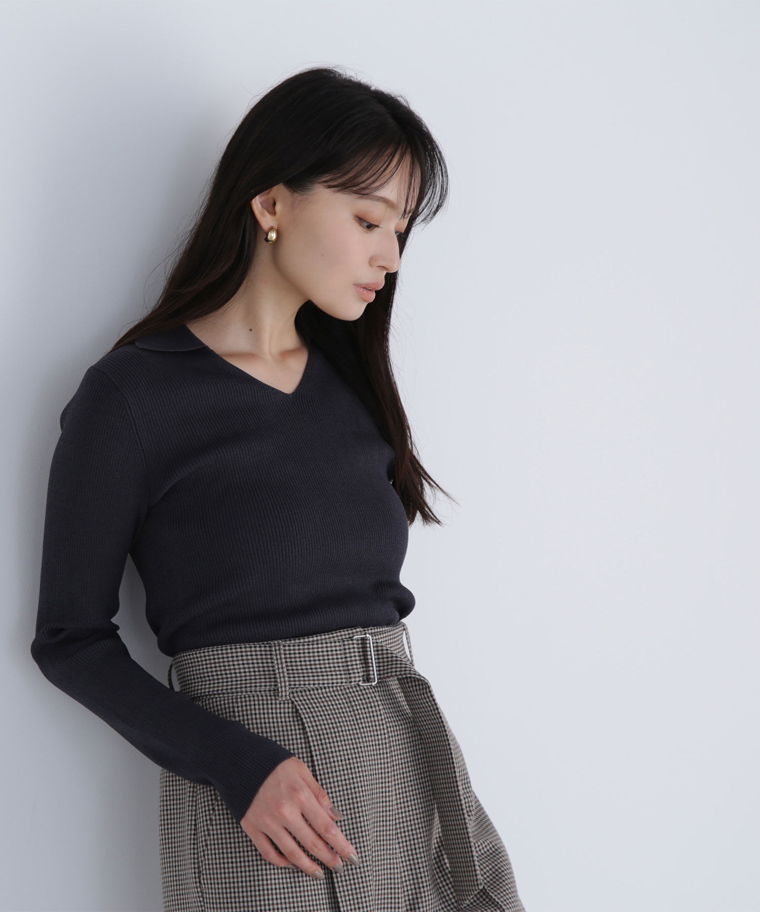  「ポロカラーVネックリブニット」|ニット・セーター|