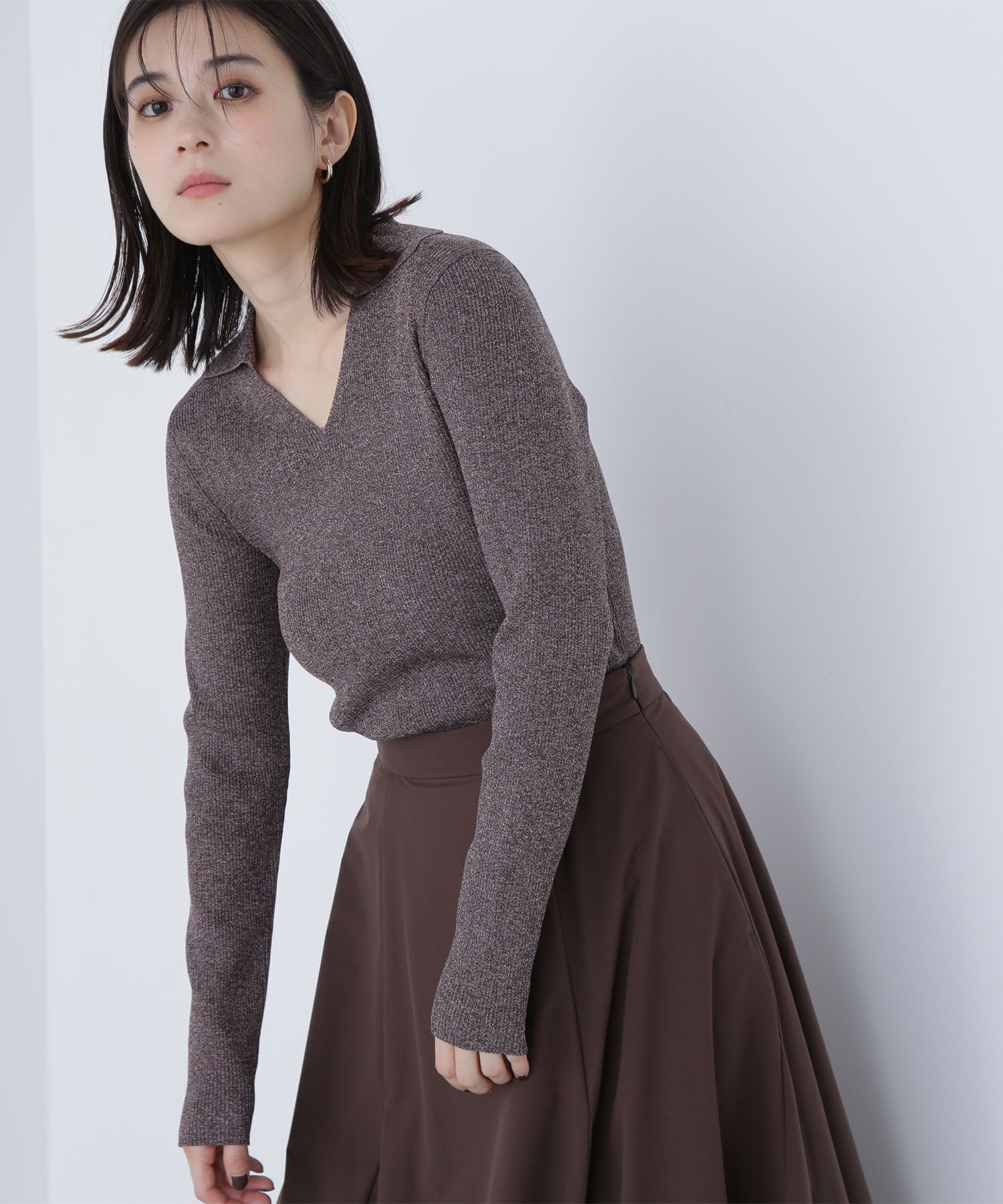  「ポロカラーVネックリブニット」|ニット・セーター|