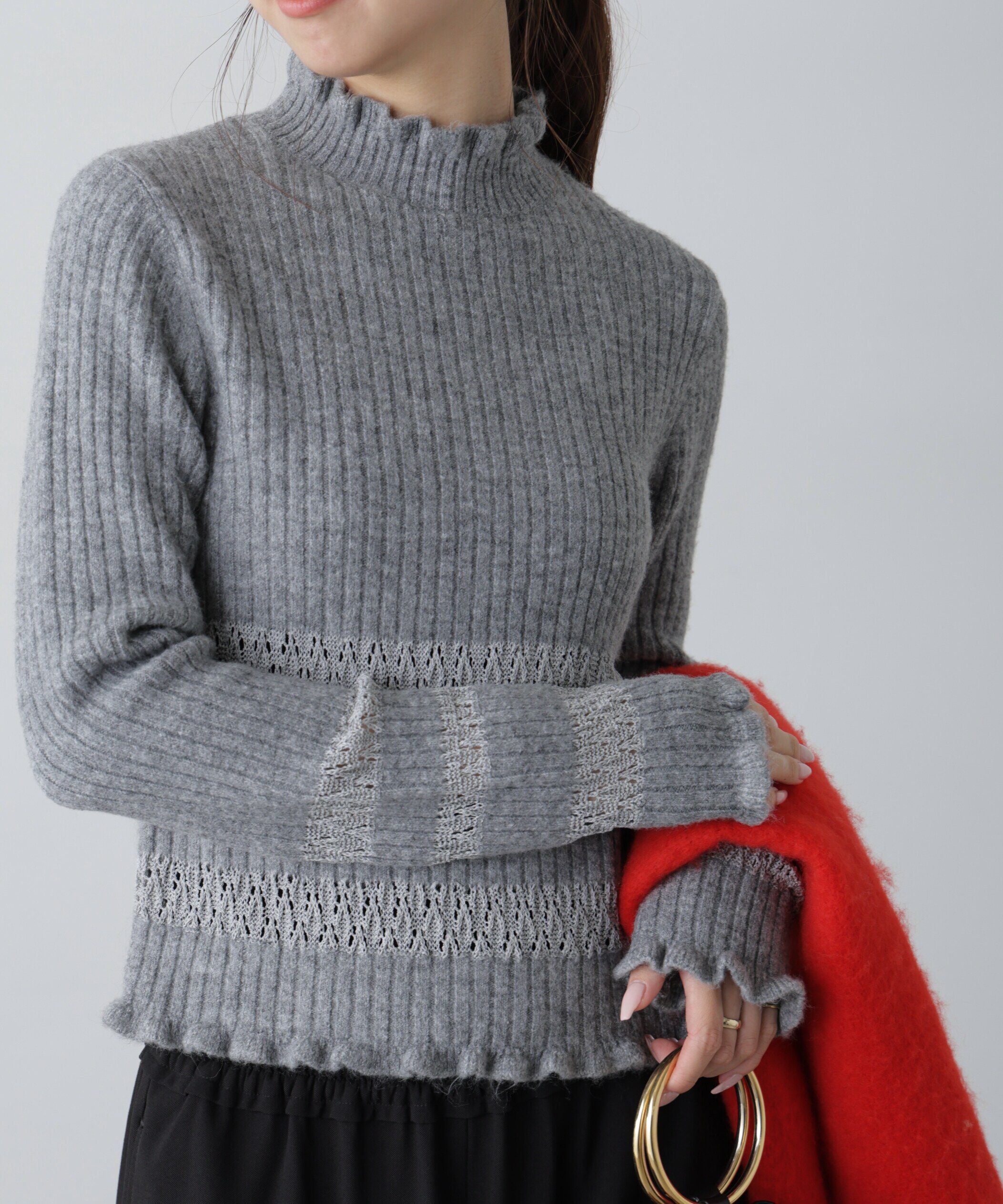  「透かし編みボーダーリブニット」|ニット・セーター|グレー