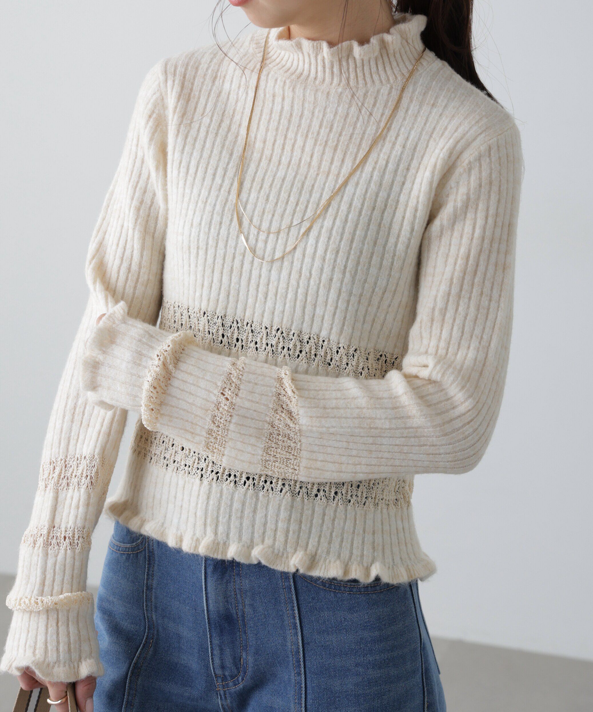  「透かし編みボーダーリブニット」|ニット・セーター|