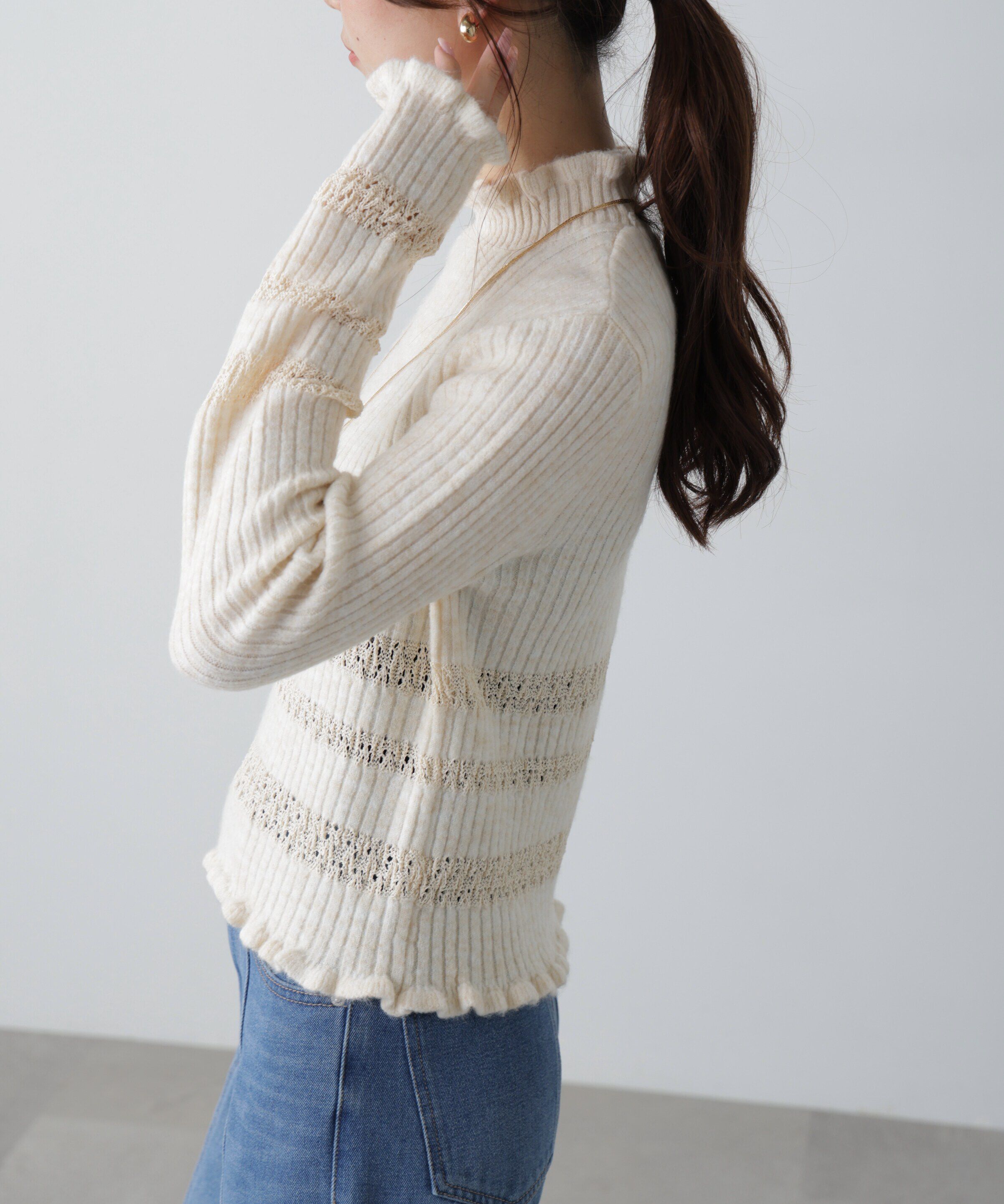  「透かし編みボーダーリブニット」|ニット・セーター|