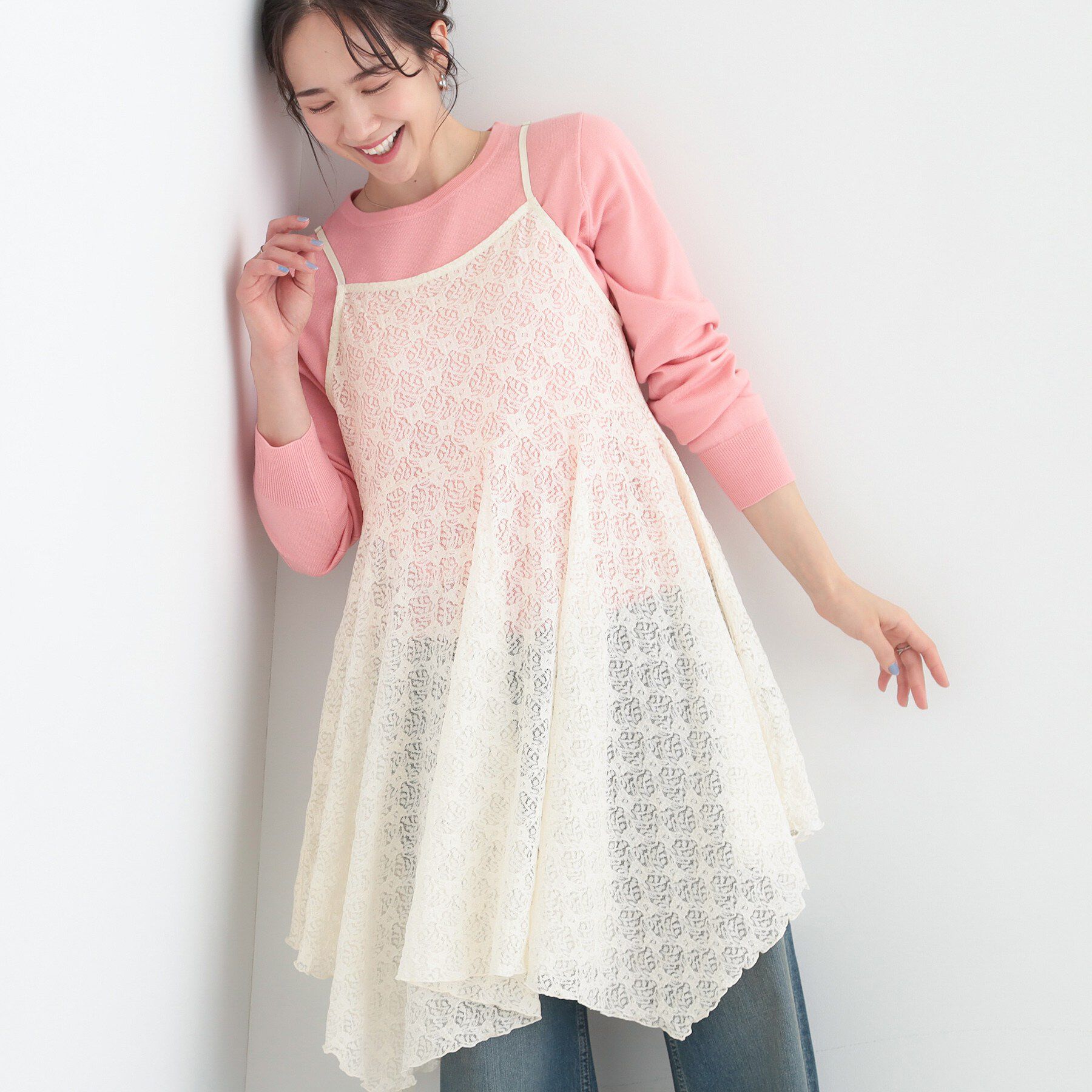 SHOO･LA･RUE「【前後2WAYネック】レイヤードスタイルにおすすめ レースキャミチュニック」|チュニック|オフホワイト(003