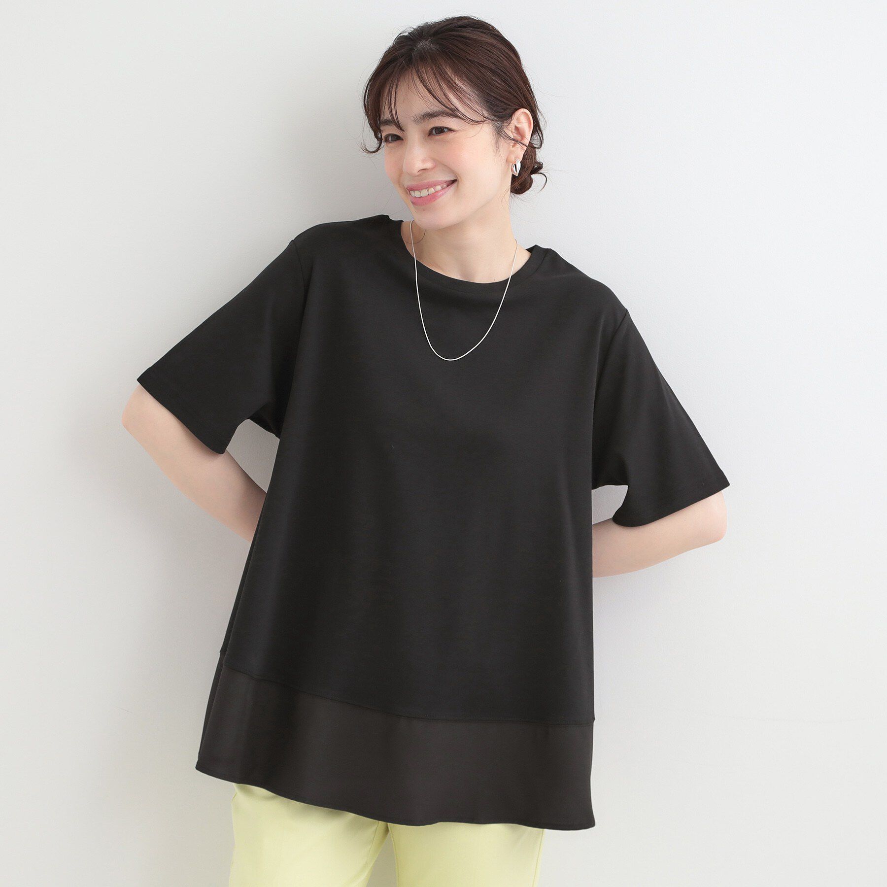 SHOO･LA･RUE「【接触冷感/UVカット/抗菌防臭】体型カバーも叶う　裾切り替えAライントップス」|Tシャツ・カットソー|