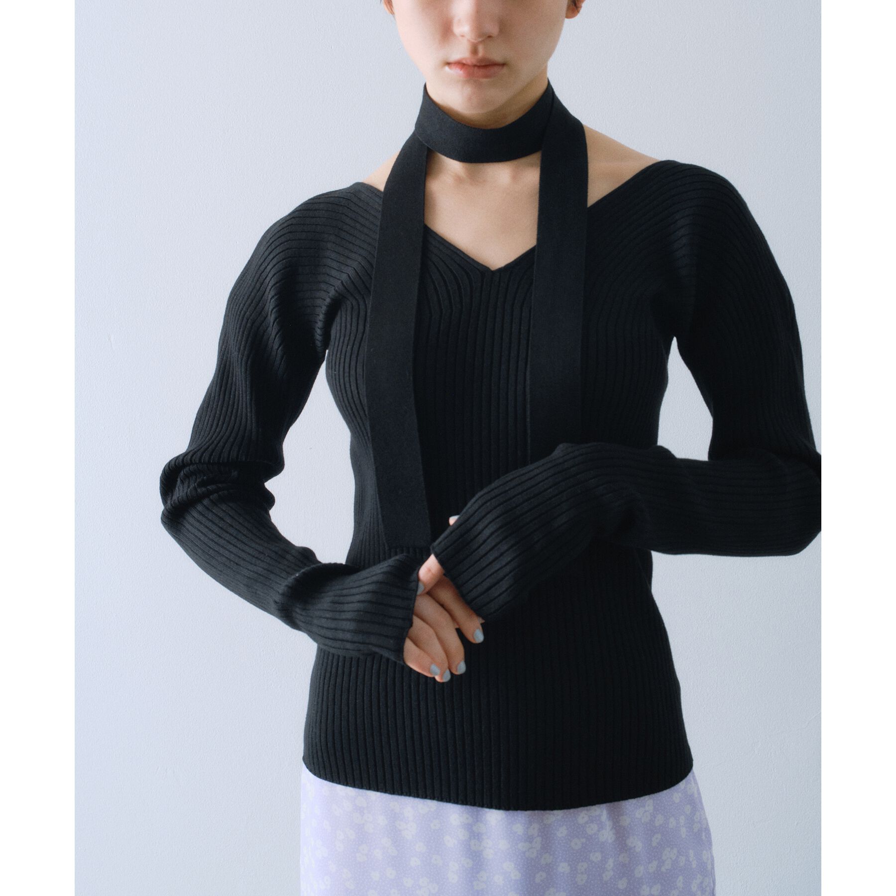 CODE A「open neck bow knit」|ニット・セーター|ブラック(019)