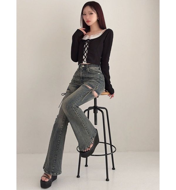 RESEXXY「カットアウトリボンデニムパンツ」|デニム|