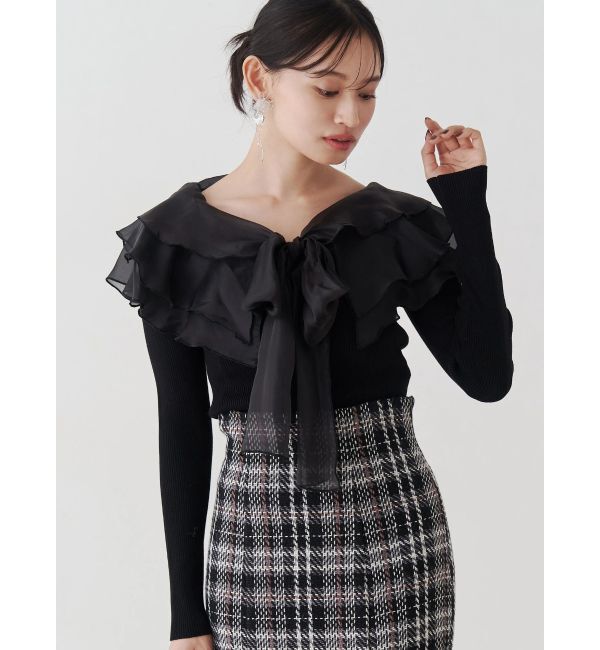MERCURYDUO「異素材ラッフルリボンリブニット」|ニット・セーター|ブラック