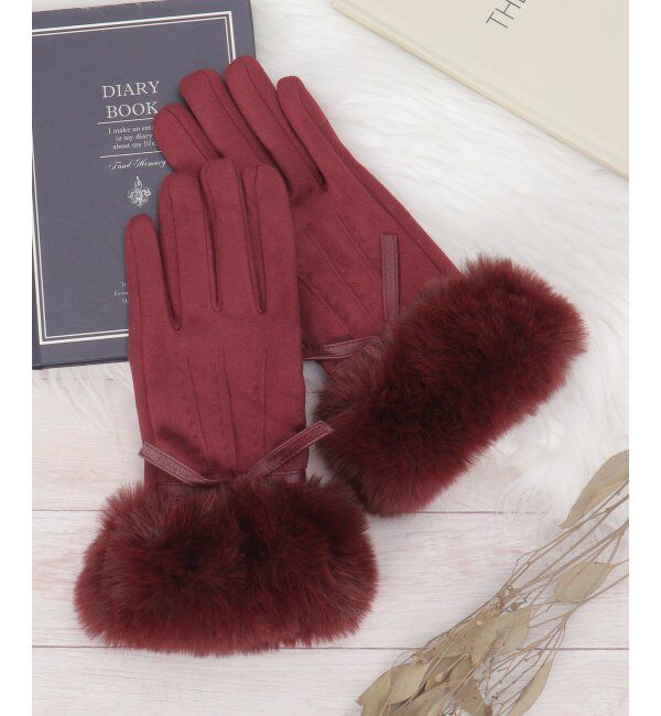 Lbc with Life「リボン＆ファー付きグローブ」|手袋|ワイン
