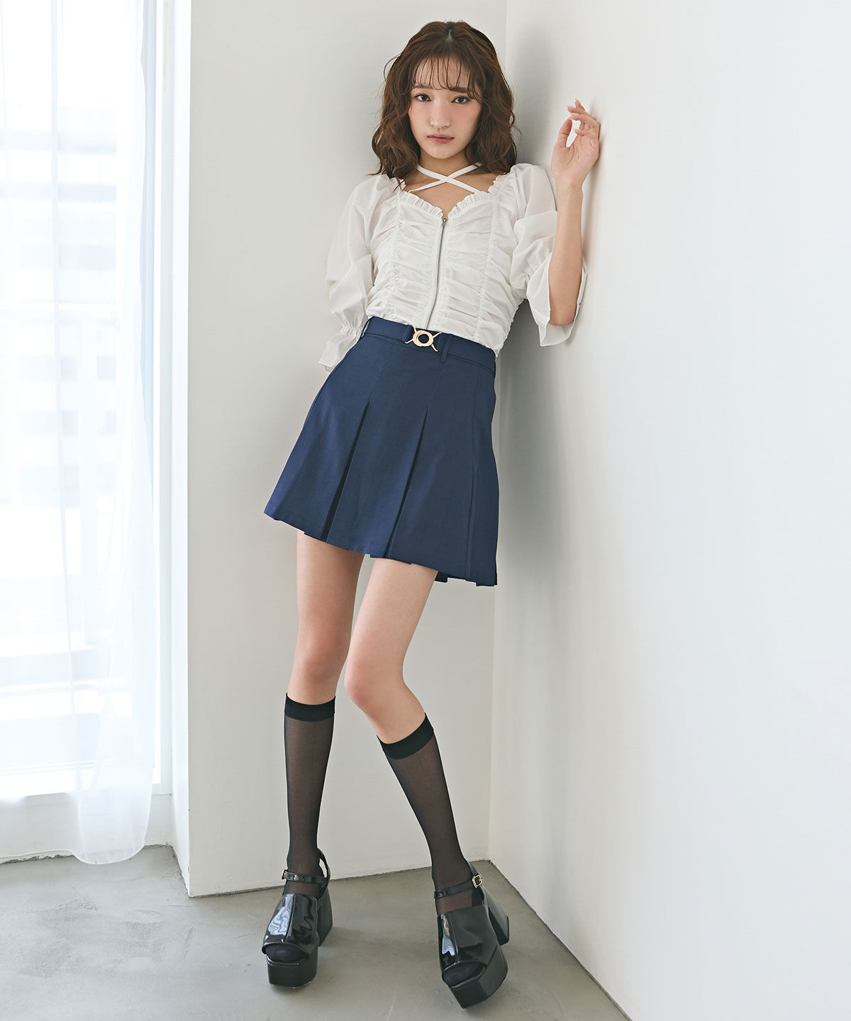 REDYAZEL「フロントZIPクロスギャザーブラウス」|シャツ・ブラウス|