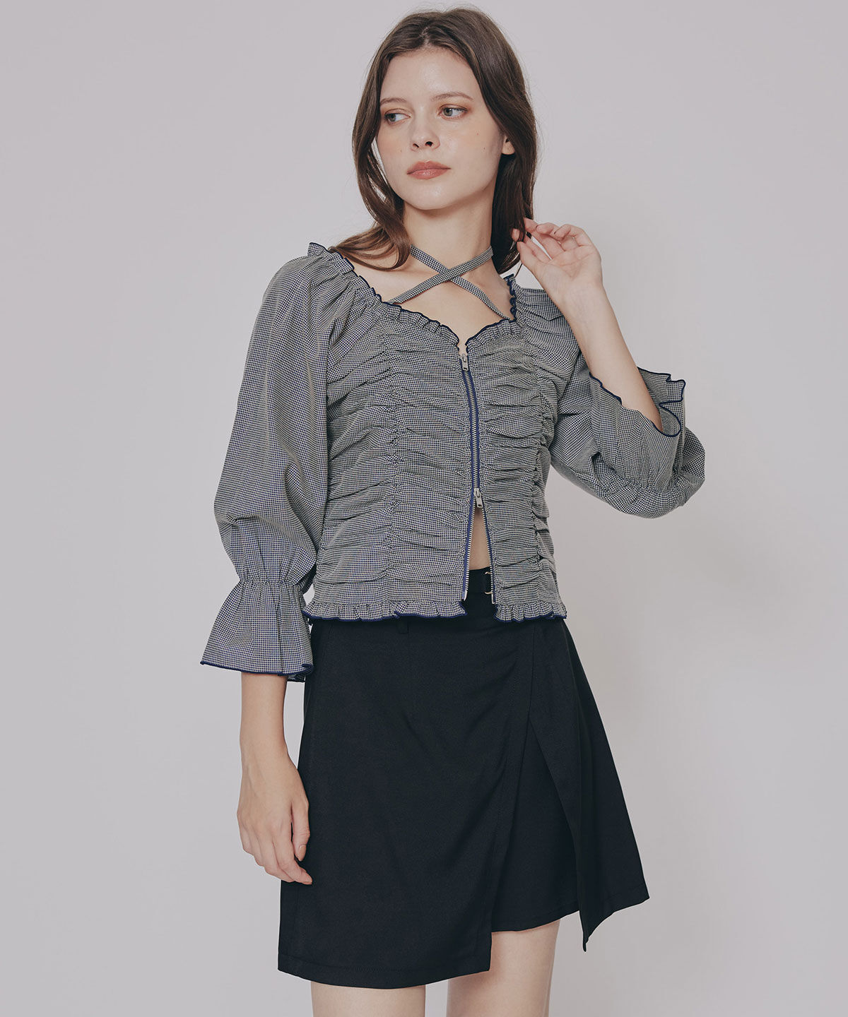 REDYAZEL「フロントZIPクロスギャザーブラウス」|シャツ・ブラウス|