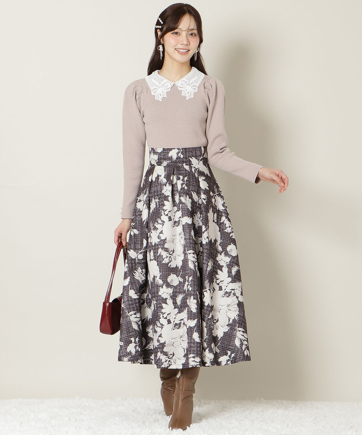 WILLSELECTION「千鳥フラワープリントボリュームタックスカート」|フレア|