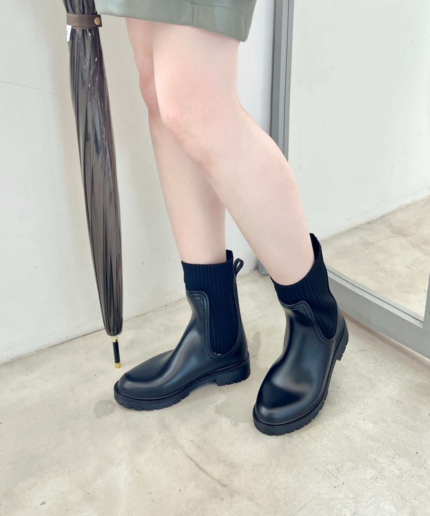 ORiental TRaffic「【防水】切替 ニット レインブーツ /R-0017 レインシューズ ニット 晴雨兼用 ゆったりサイズ」|ショートブーツ|