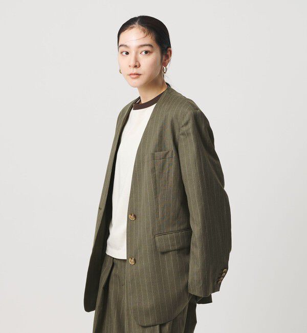 BEAUTY&YOUTH UNITED ARROWS「麻ブレンド ストライプ カラーレス ジャケット」|ノーカラージャケット|
