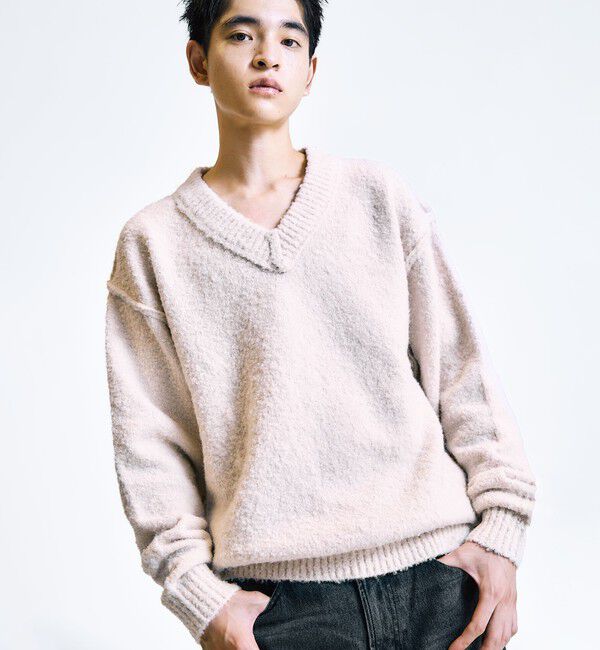 SHIPS「City Ambient Products:〈手洗い可能〉ループヤーン ワイドリブ Vネック ニット」|ニット・セーター|アイボリー