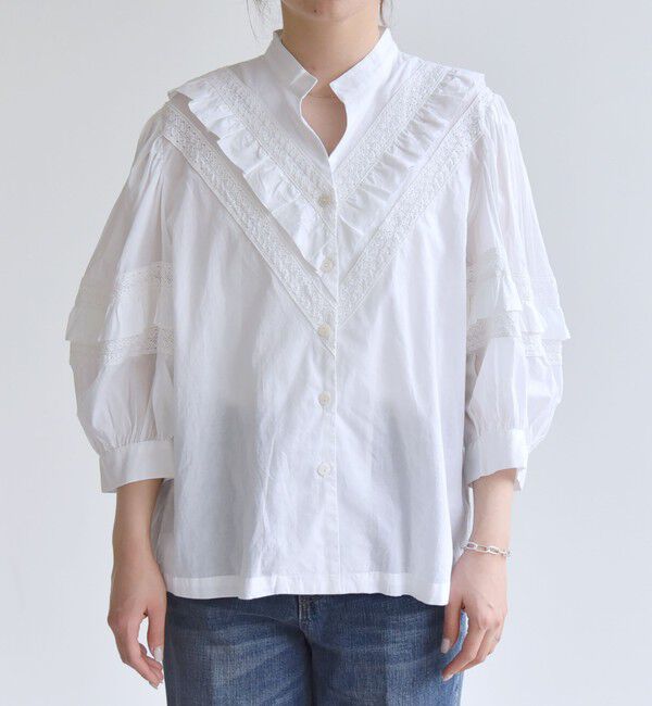 quaranciel「quaranciel:〈洗濯機可能〉コットン レース ライン フリル パフスリーブ ブラウス」|シャツ・ブラウス|