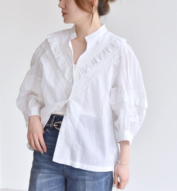quaranciel「quaranciel:〈洗濯機可能〉コットン レース ライン フリル パフスリーブ ブラウス」|シャツ・ブラウス|