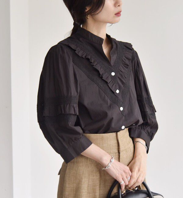 quaranciel「quaranciel:〈洗濯機可能〉コットン レース ライン フリル パフスリーブ ブラウス」|シャツ・ブラウス|