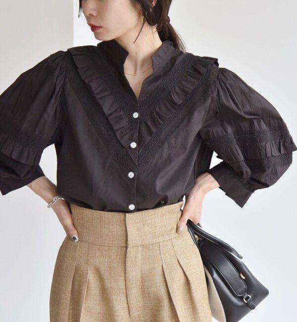 quaranciel「quaranciel:〈洗濯機可能〉コットン レース ライン フリル パフスリーブ ブラウス」|シャツ・ブラウス|