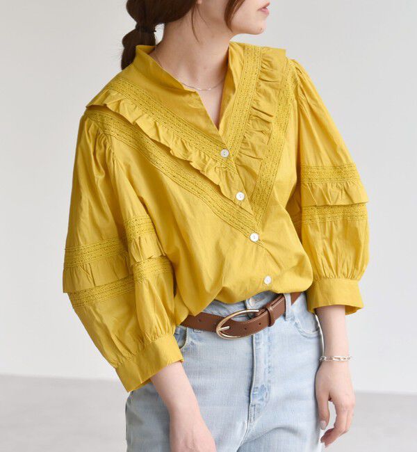 quaranciel「quaranciel:〈洗濯機可能〉コットン レース ライン フリル パフスリーブ ブラウス」|シャツ・ブラウス|イエロー