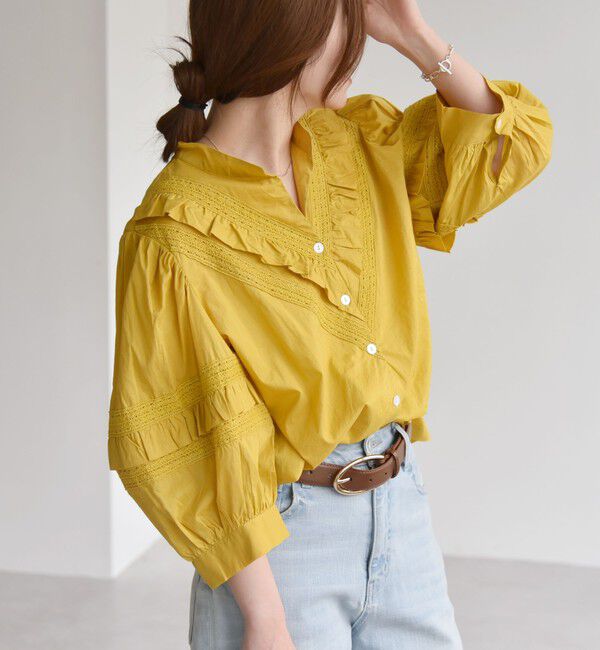 quaranciel「quaranciel:〈洗濯機可能〉コットン レース ライン フリル パフスリーブ ブラウス」|シャツ・ブラウス|