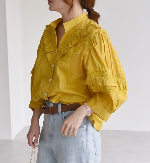 quaranciel「quaranciel:〈洗濯機可能〉コットン レース ライン フリル パフスリーブ ブラウス」|シャツ・ブラウス|