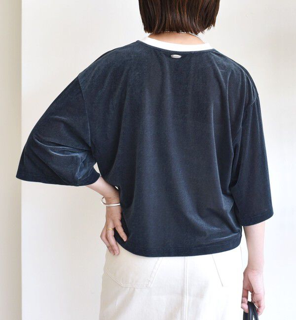 SHIPS for women「〈手洗い可能〉シアー トリコット ポリエステル ベロア 五分袖 ワイド TEE」|Tシャツ・カットソー|
