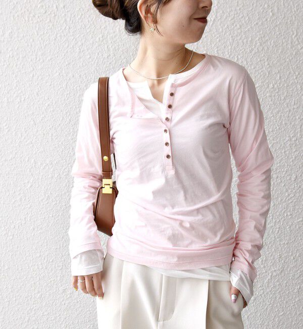 SHIPS any「SHIPS any:〈手洗い可能〉シアー コットン ヘンリーネック プルオーバー」|Tシャツ・カットソー|ピンク