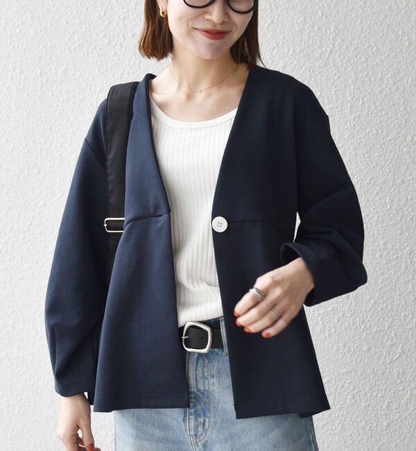 SHIPS any「SHIPS any:〈手洗い可能〉ダンボール ペプラム Vネック ジャケット」|ノーカラージャケット|