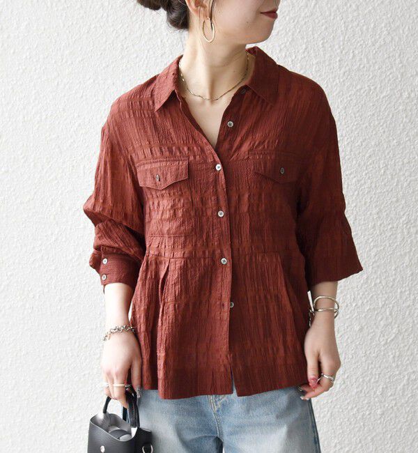 SHIPS any「《予約》SHIPS any:〈手洗い可能〉シアー チェック レギュラーカラー ペプラム シャツ」|シャツ・ブラウス|