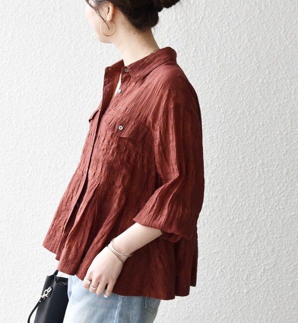 SHIPS any「《予約》SHIPS any:〈手洗い可能〉シアー チェック レギュラーカラー ペプラム シャツ」|シャツ・ブラウス|