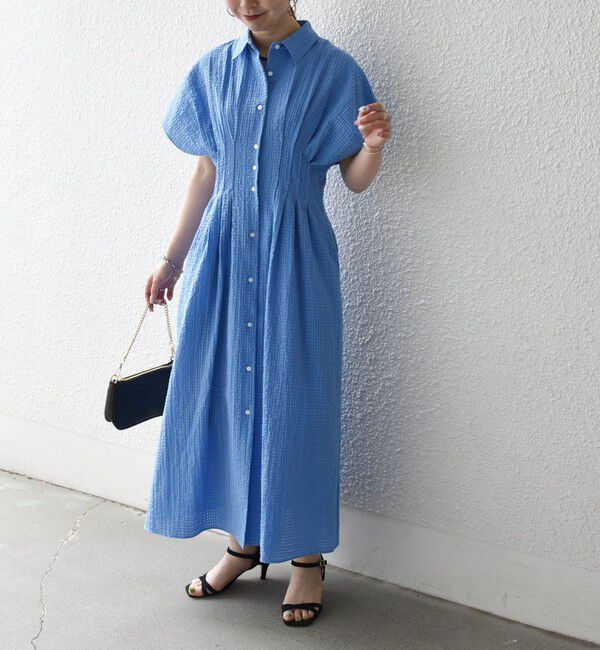 SHIPS any「《予約》SHIPS any:〈手洗い可能〉サッカー フレンチ スリーブ シャツ ワンピース」|ワンピース|ブルー