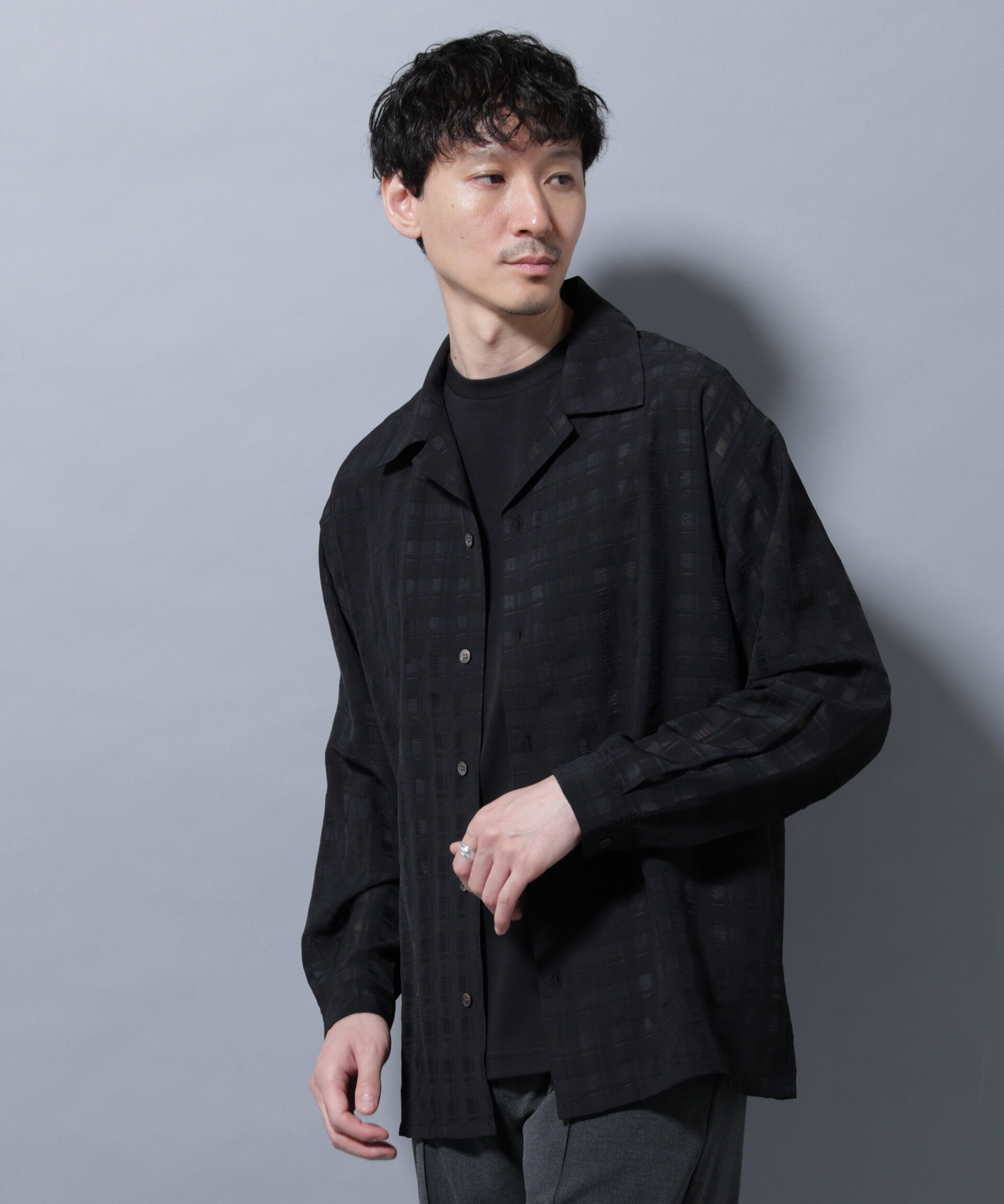 nano･universe「シースルーチェックシャツ 長袖」|シャツ・ブラウス|ブラック