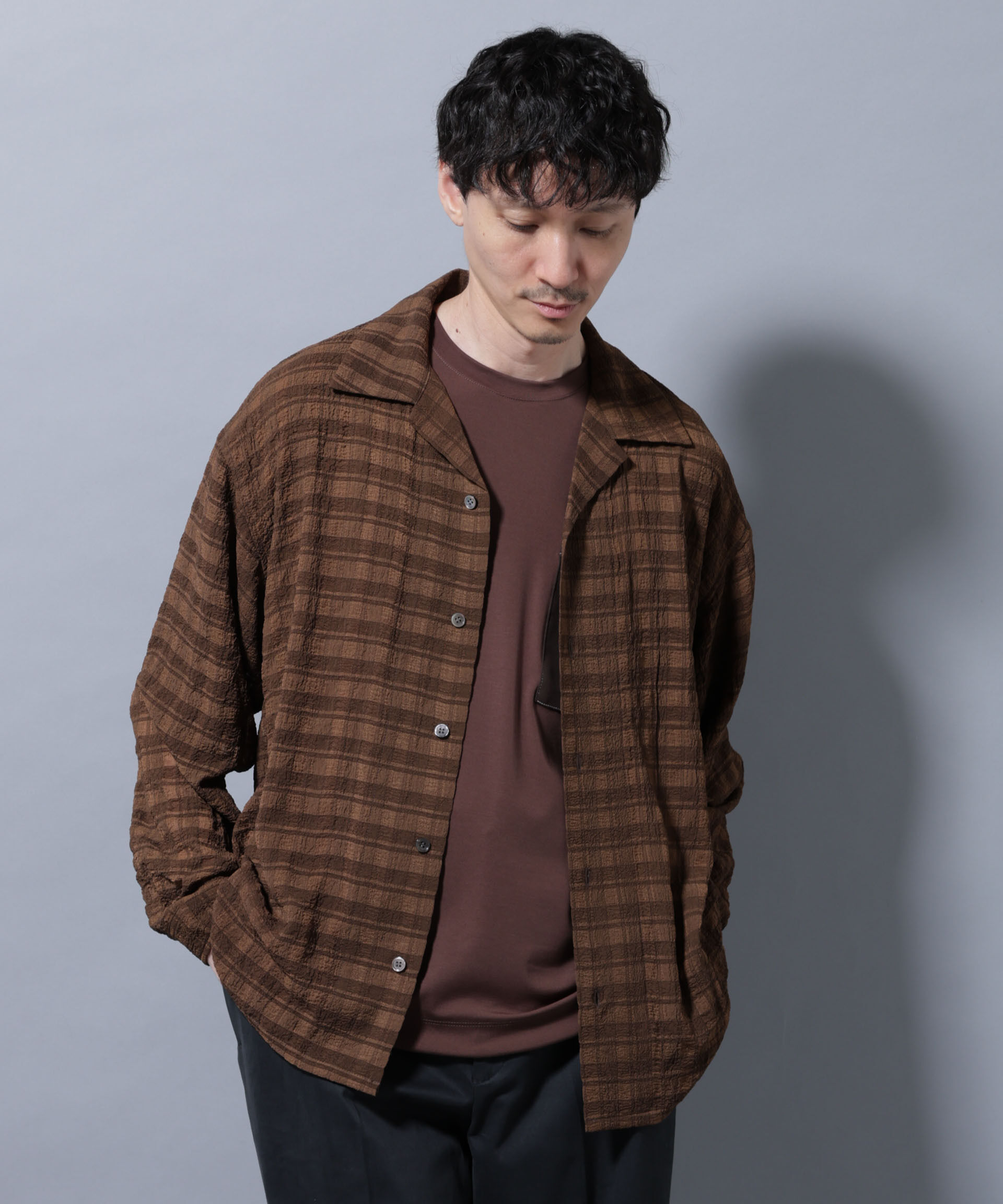 nano･universe「シースルーチェックシャツ 長袖」|シャツ・ブラウス|ブラウン