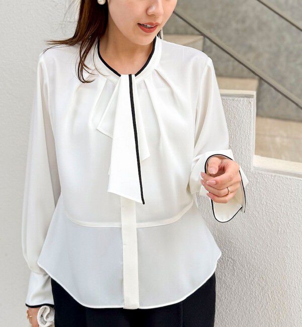 NOLLEY'S「《セットアップ対応》ウォッシャブルストレッチジョーゼットボウタイ風ペプラムブラウス」|シャツ・ブラウス|